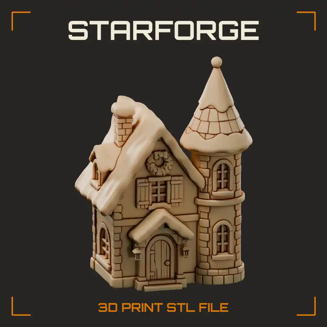 Christmas Village House With Corner Turret Wraparound Porch And Snowy Eaves