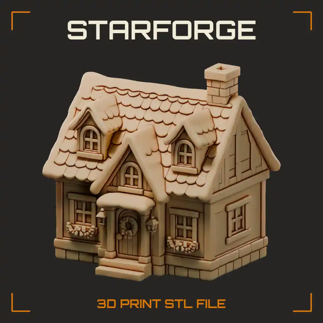 Christmas Village House with Dormer Windows Snowy Roof Chimney and Front Door