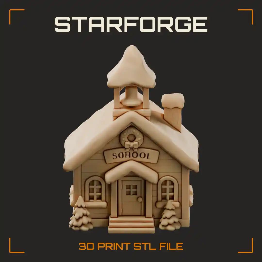 Christmas Village Schoolhouse with Bell Cupola Snowy Roof Arched Door and Shuttered Windows