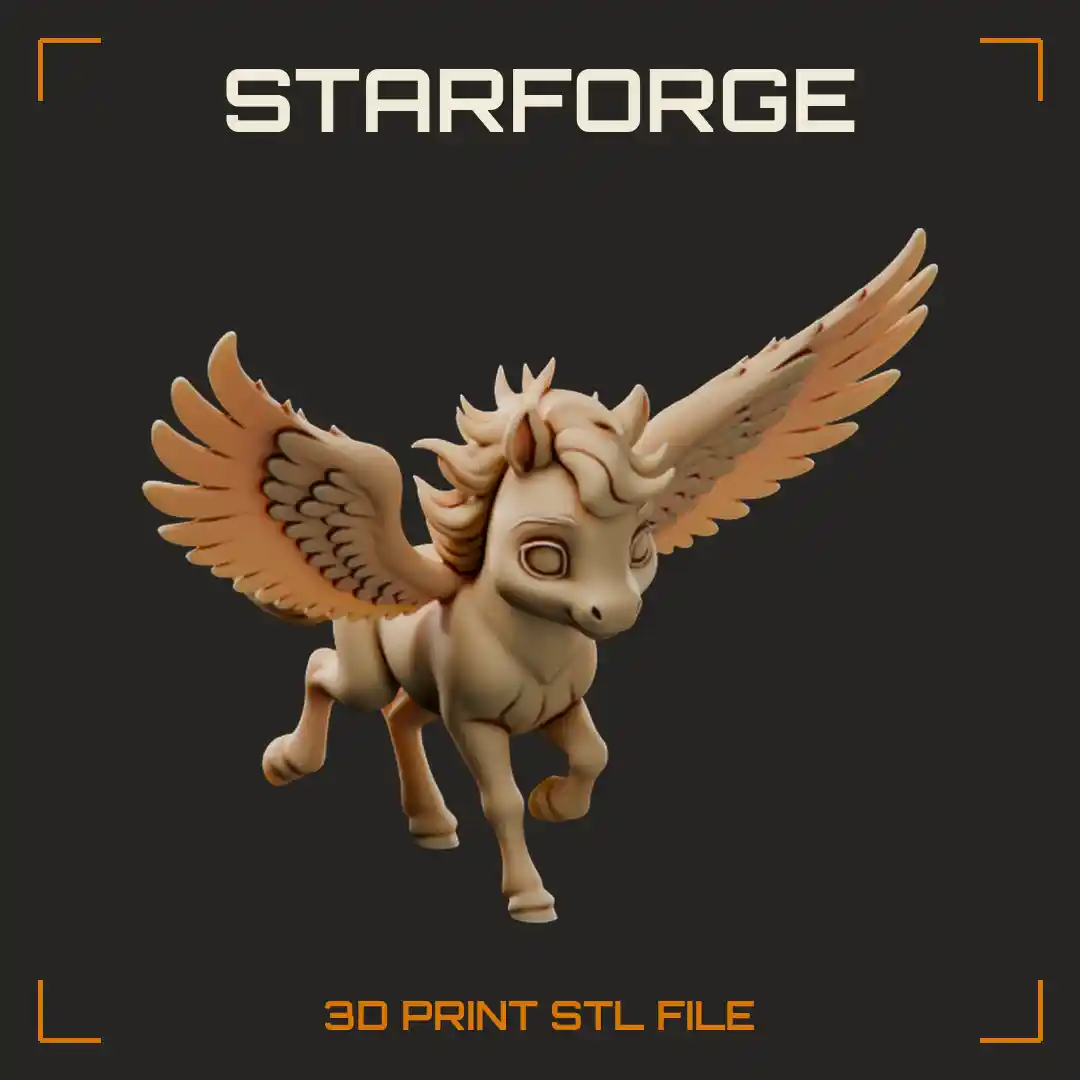 Chubby Big-Eyed Pegasus Foal Galloping with Spread Feathered Wings and Curly Mane
