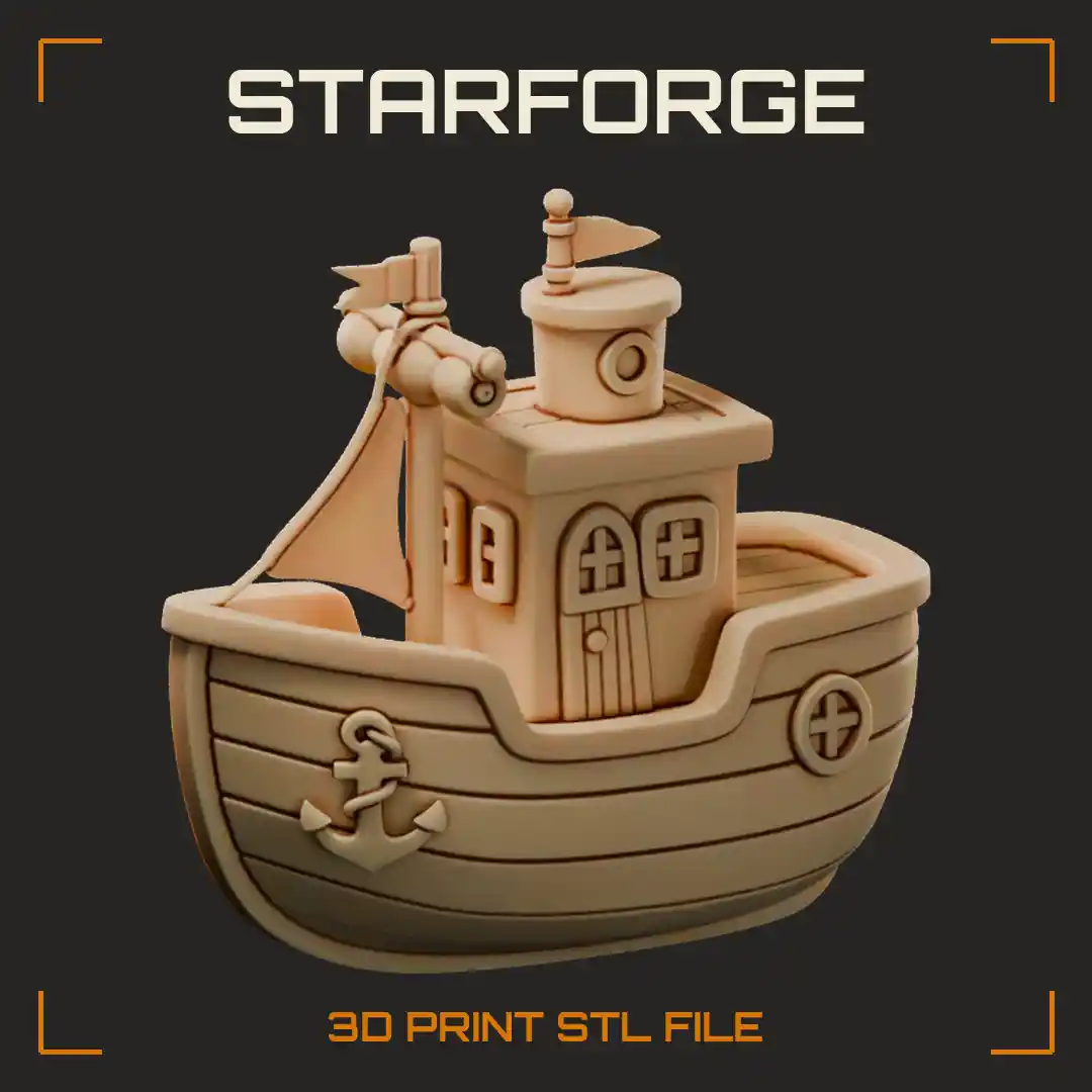 Chubby Cartoon Tugboat with Cabin Door Anchor Emblems Chimney and Little Sail - 3D Printable STL File