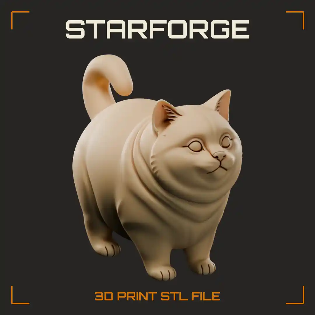 Chubby Round Cat with Wide Eyes Neck Fur Rolls and Curled Tail