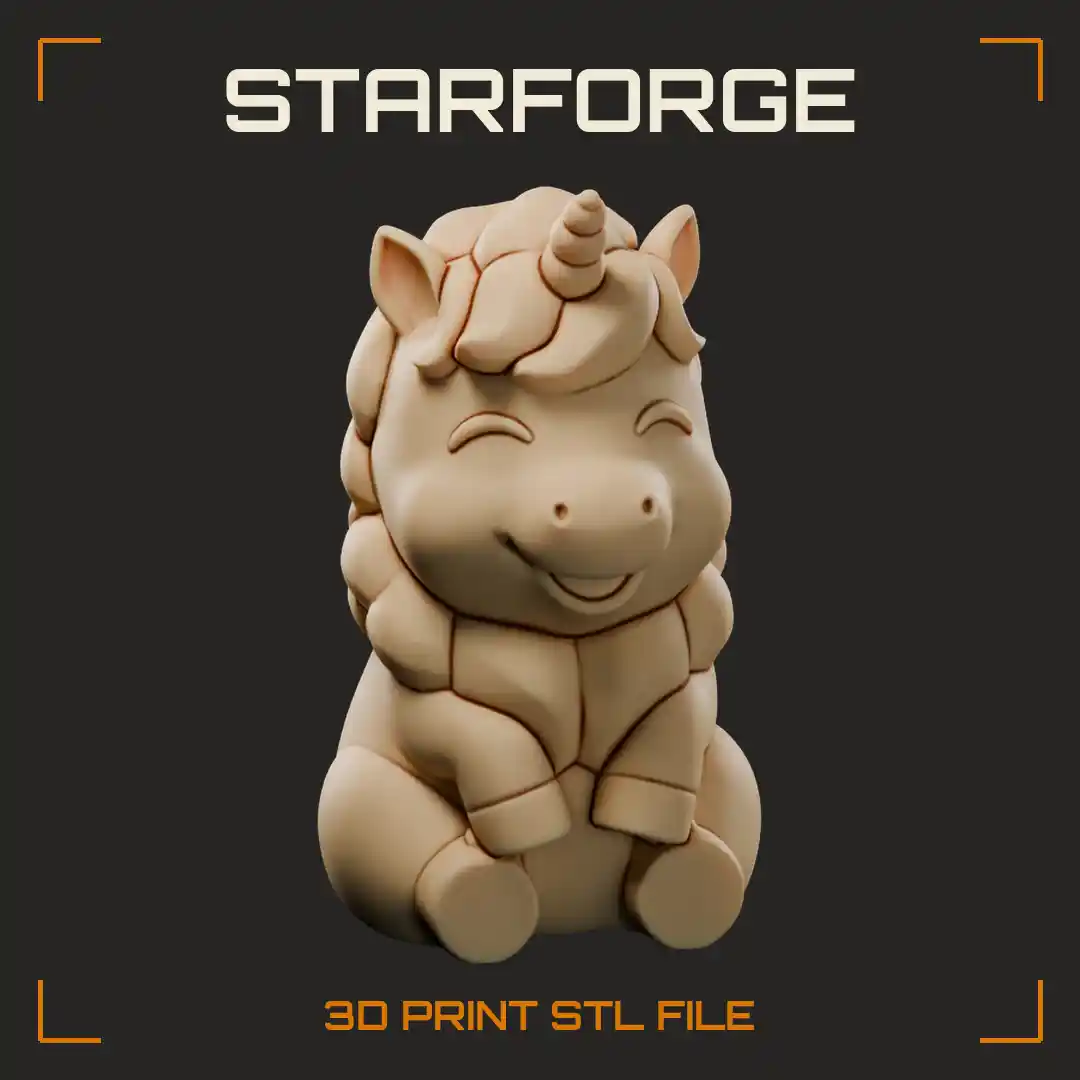 Chubby Sitting Unicorn with Braided Curly Mane Spiral Horn and Happy Closed Eyes