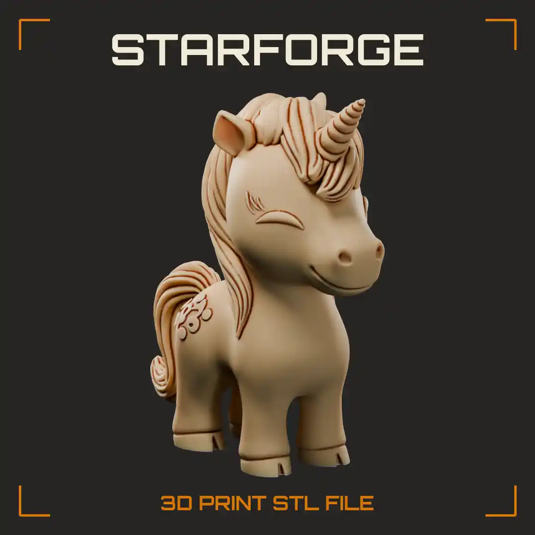 Chubby Smiling Unicorn Foal with Spiral Horn Flowing Mane and Flower Flank Marks