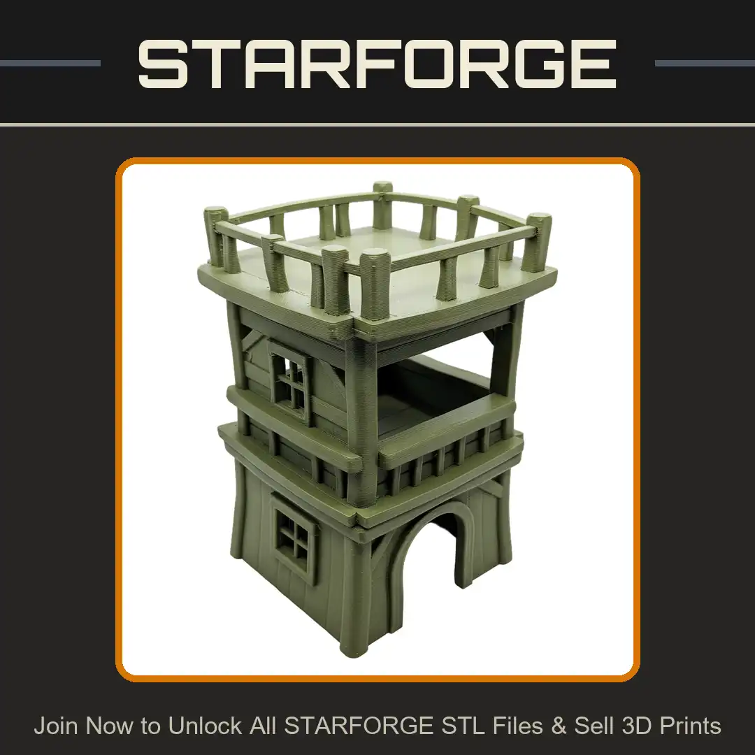 Chunky Stylized Three Story Wood Watchtower Guard Tower Tiered Platform Archway Window - View 1 of 2