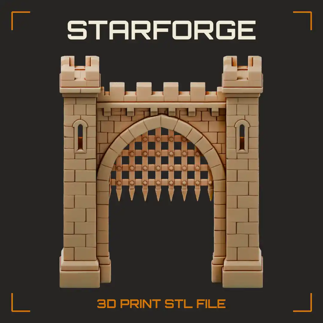 City Gate Arch with Raised Portcullis Battlements and Flanking Buttresses