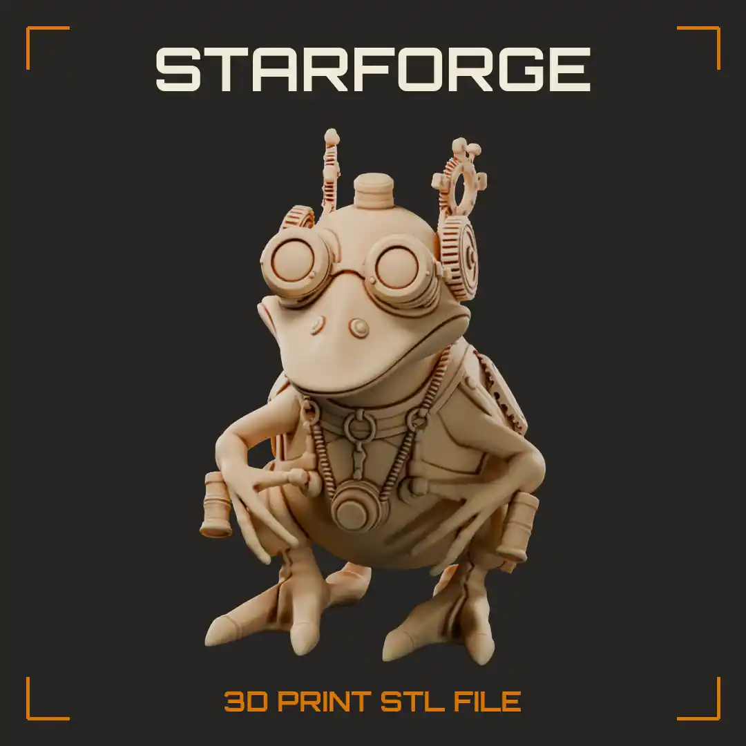 Clockwork Frog with Brass Goggles Gear Crest and Riveted Pipe-Studded Belly Armor - 3D Printable STL File