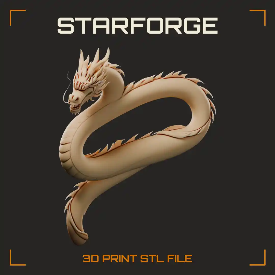 Coiling Serpentine Eastern Dragon with Spiked Dorsal Fins and Whiskered Horned Head - 3D Printable STL File