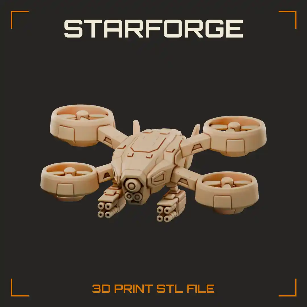 Combat Drone With Four Rotor Pods Underslung Gun Pod And Sensor Dome