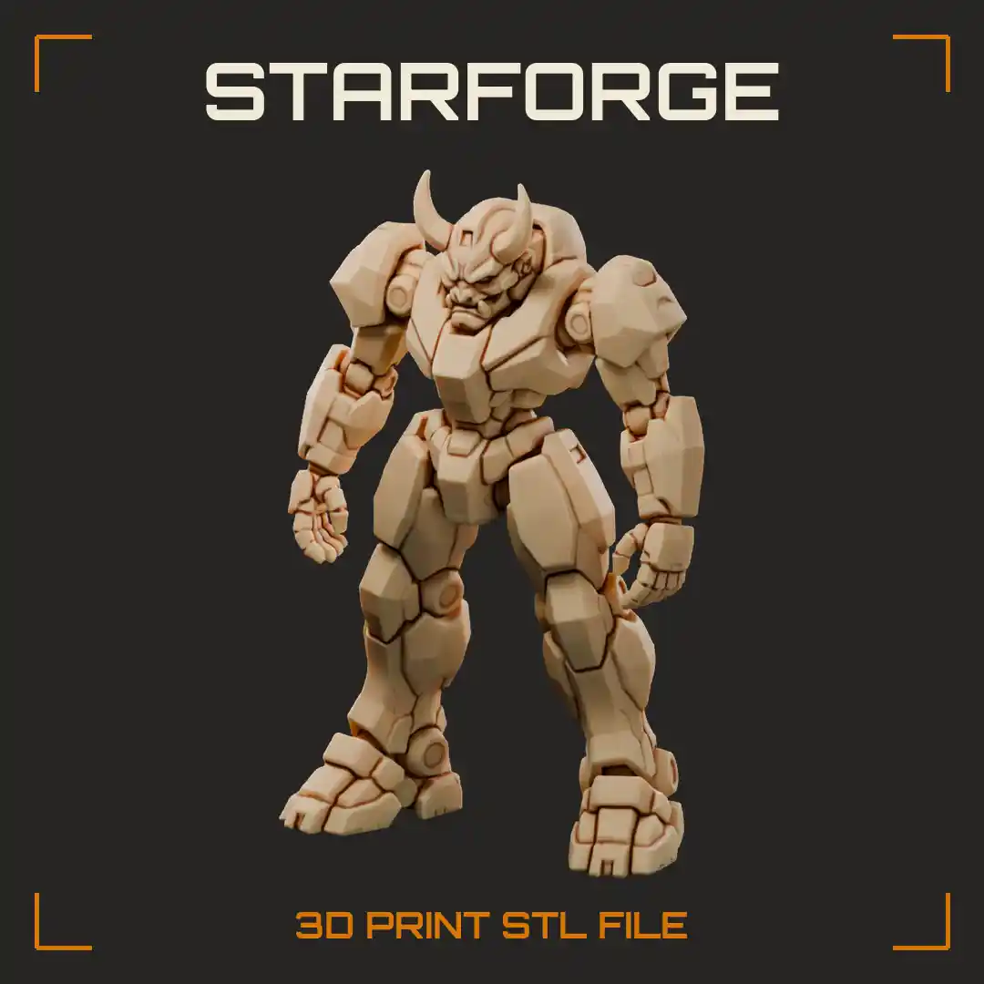 Combat Robot with Demon Face Fanged Mouth Plate Horned Head and Spiked Shoulders