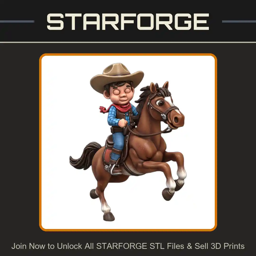 Cowboy Riding Rearing Horse Cute Anime Style Character - 3D Printable STL File