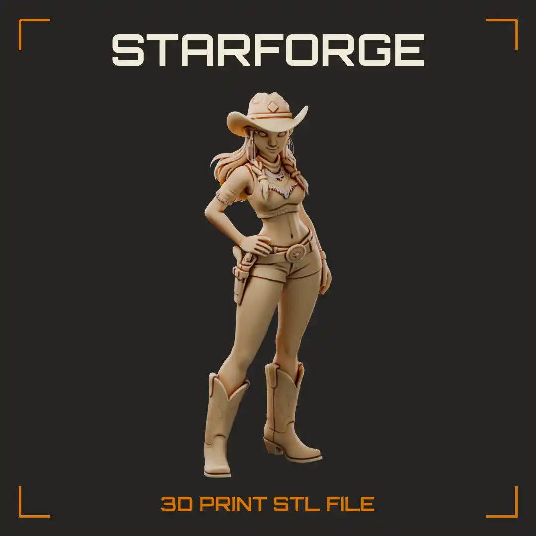 Cowgirl Scout in Wide-Brim Hat Crop Top Holstered Revolver and Tall Boots - 3D Printable STL File