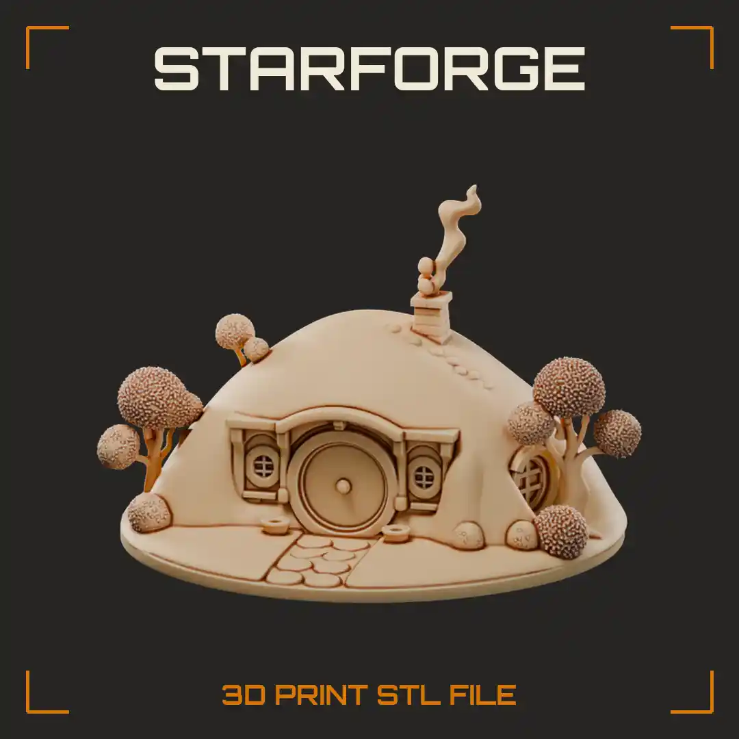 Cozy Hobbit Hill House with Round Door Smoking Chimney and Mushroom Trees - 3D Printable STL File
