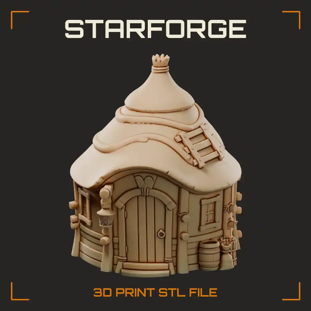 Cozy Round Straw Hut with Arched Wooden Door Hanging Lantern and Roof Ladder - 3D Printable STL File