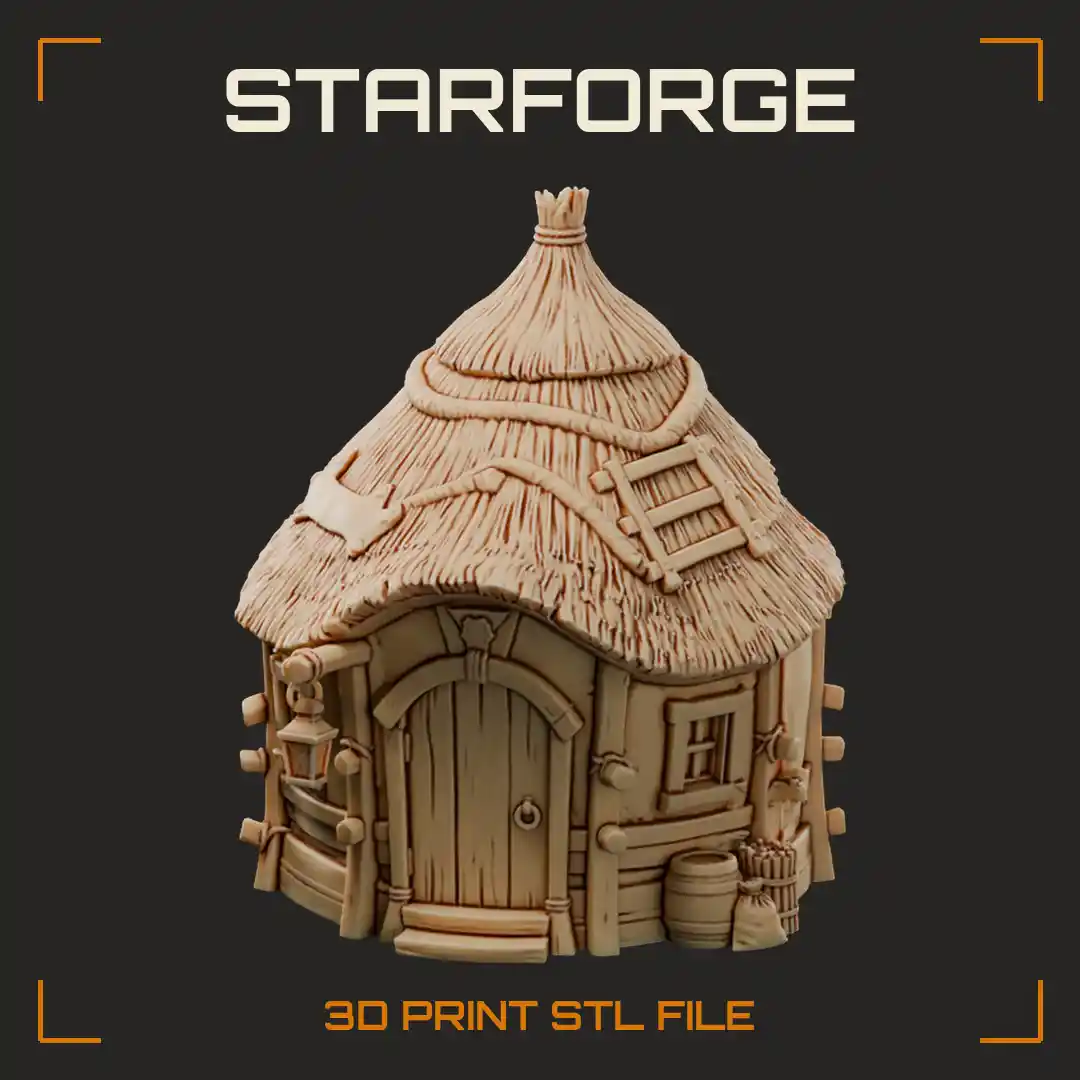 Cozy Round Thatched Straw Hut with Arched Wooden Door Roof Ladder and Hanging Lantern - 3D Printable STL File