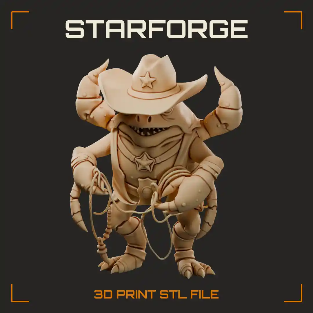 Crab Monster Sheriff with Star Badge Cowboy Hat Lasso and Four Pincer Claws - 3D Printable STL File