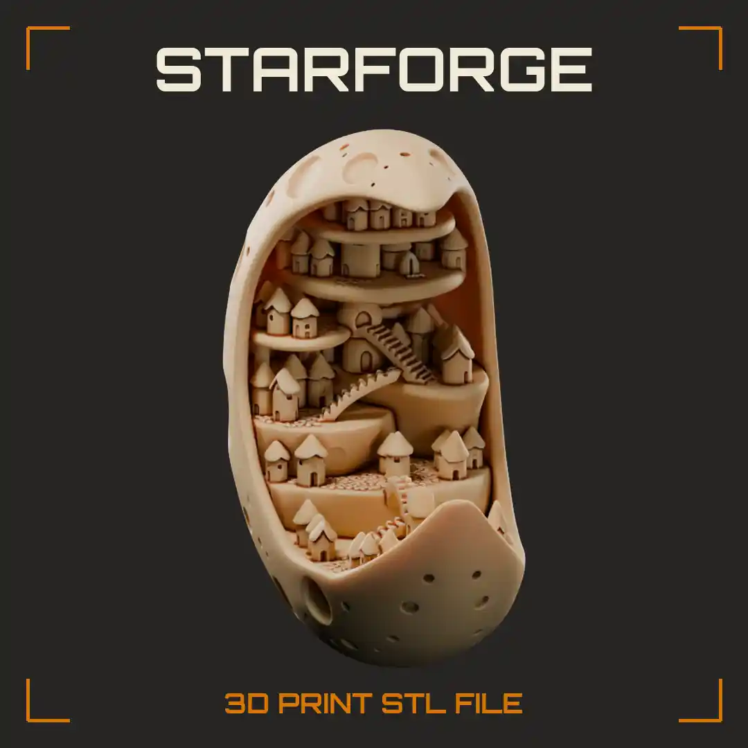 Cratered Crescent Moon with Cozy Tiered Village Spiral Stairways and Tiny Cottages - 3D Printable STL File