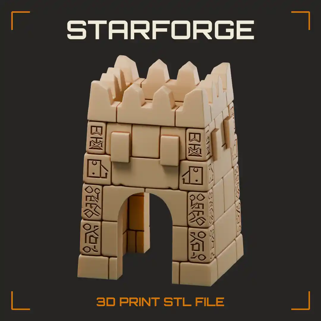 Crenellated Castle Tower Reptile Hide with Arched Doorway and Carved Glyph Stones