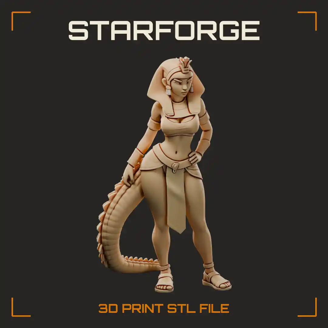 Crocodile-Tailed Queen in Nemes Headdress with Uraeus Crown and Sandals Hands on Hips - 3D Printable STL File