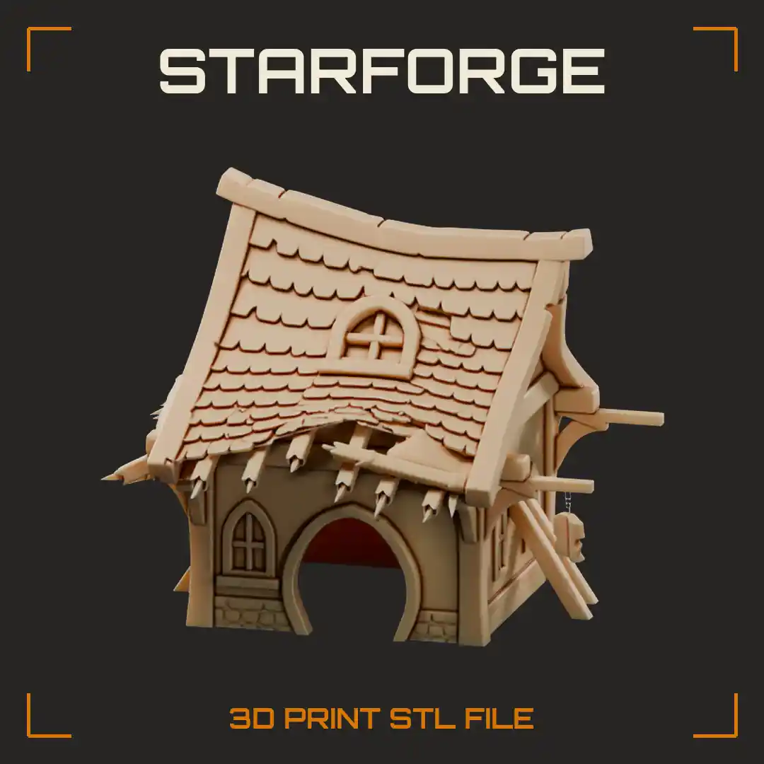 Crooked Shingled Cottage Pet Hide with Arched Doorway Dormer Window and Propped Beams - 3D Printable STL File