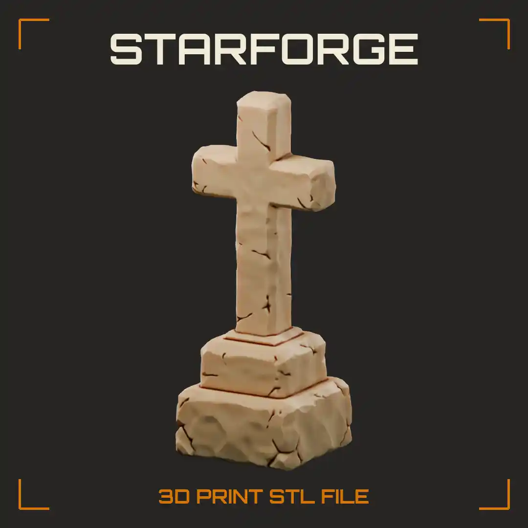 Cross Tombstone with Stone Base Carved Cross Arms Moss Patches and Engraved Plaque