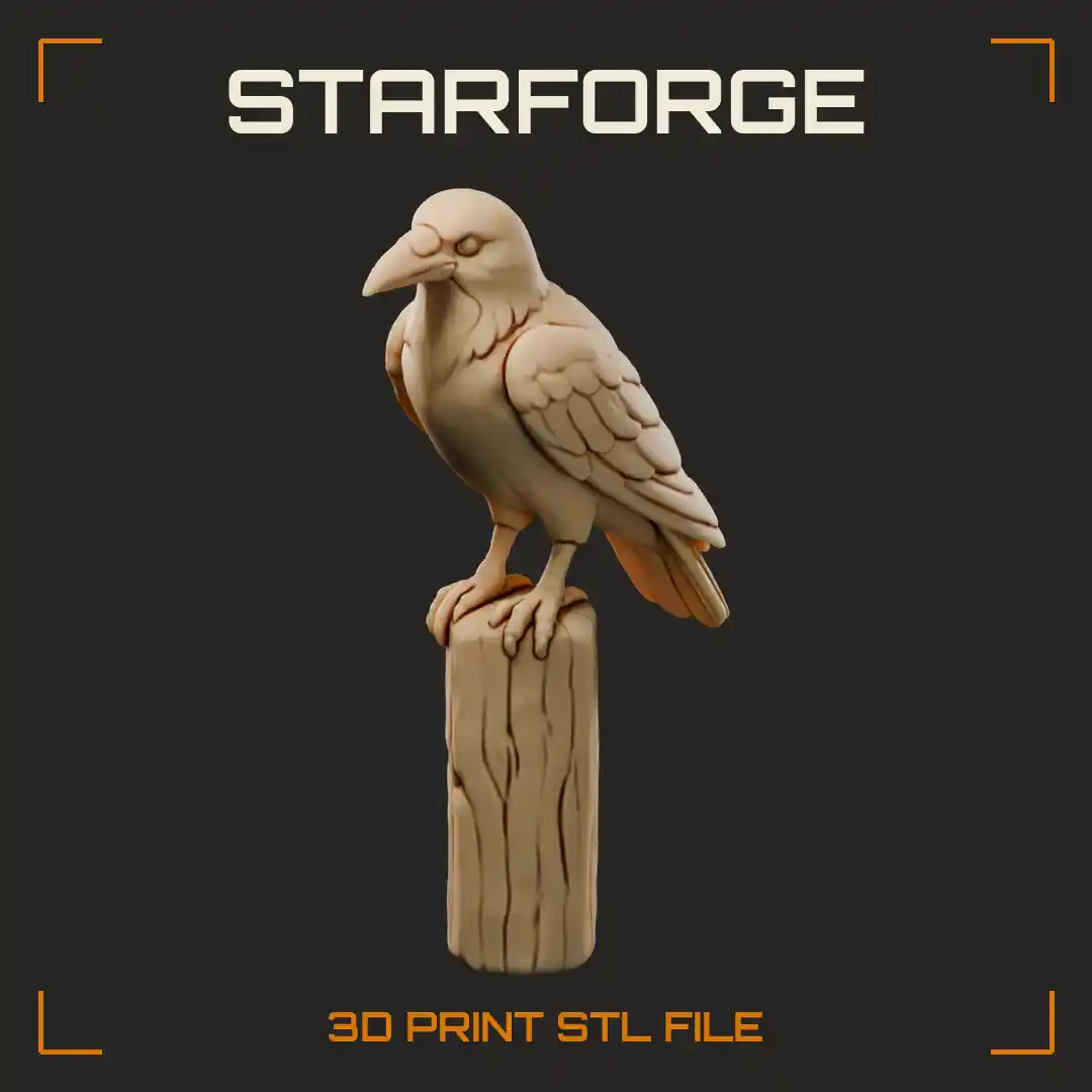 Crow Figurine on Weathered Fence Post with Glossy Feathers Open Beak and Tail