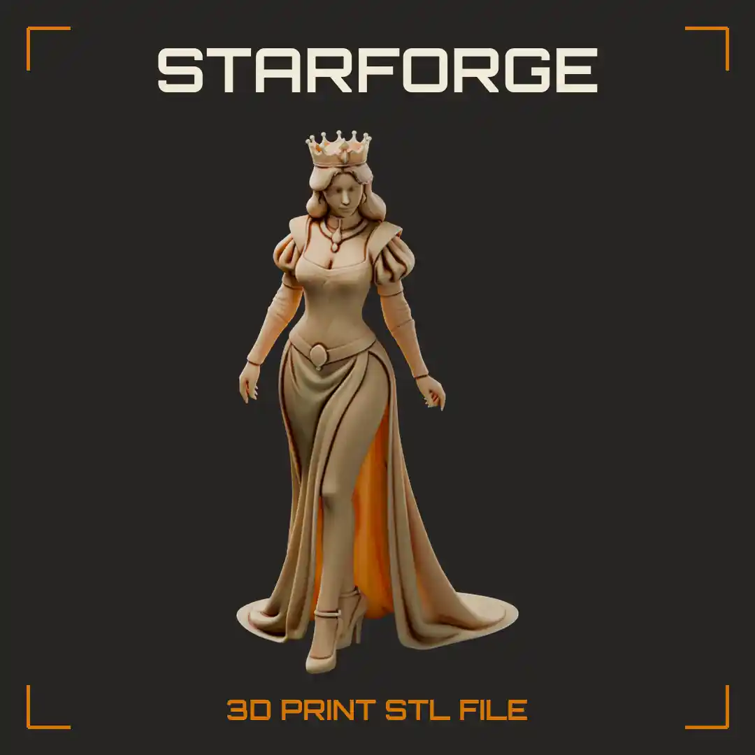 Crowned Medieval Queen in Puffed Sleeve Gown with High Slit and Sweeping Train - 3D Printable STL File