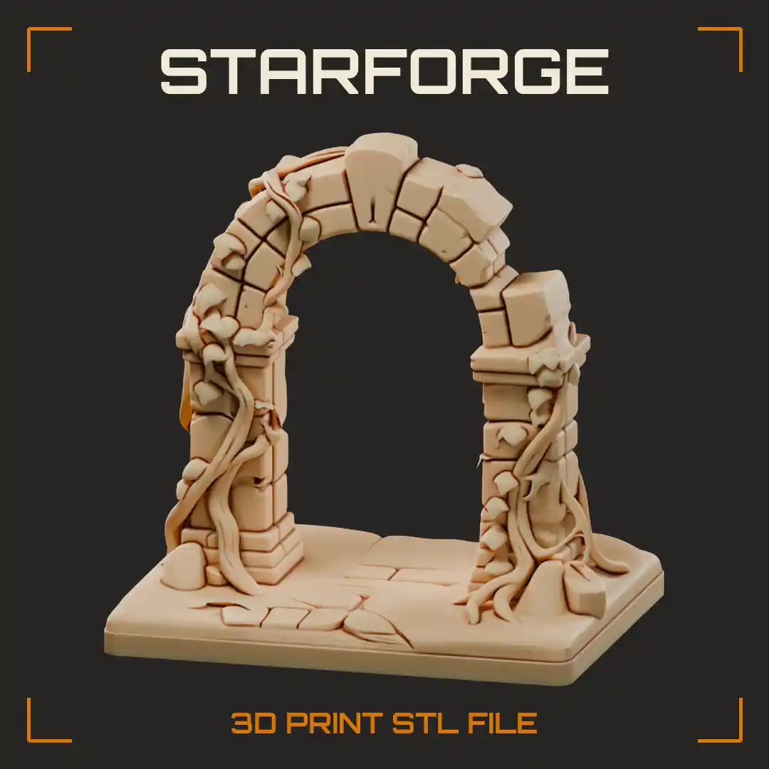 Crumbling Stone Archway with Broken Keystone Twisting Vines and Cracked Flagstone Base - 3D Printable STL File