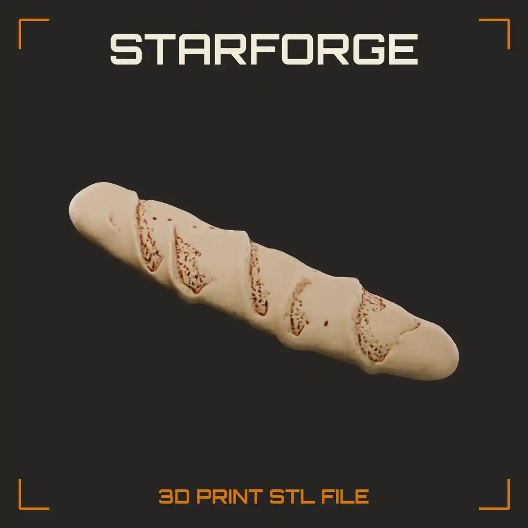 Crusty Rustic Baguette Loaf with Deep Diagonal Scored Cuts and Rough Crust - 3D Printable STL File