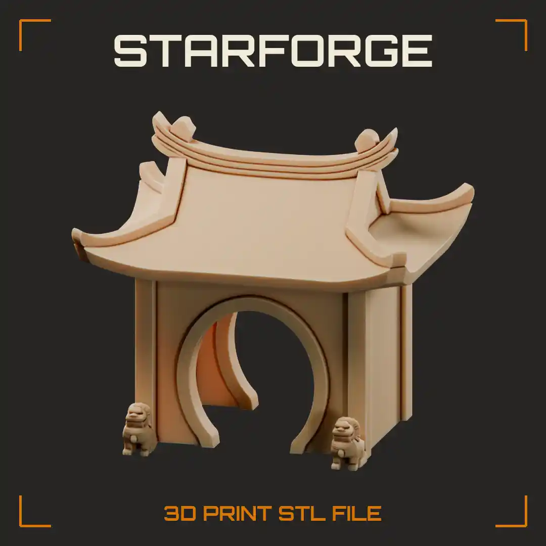 Curved Roof Pagoda Pet Hide with Moon Gate Entrance and Twin Guardian Lions - 3D Printable STL File