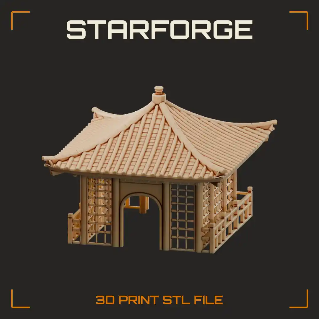 Curved Tile Roof Pagoda Pavilion with Arched Doorway and Lattice Railings - 3D Printable STL File