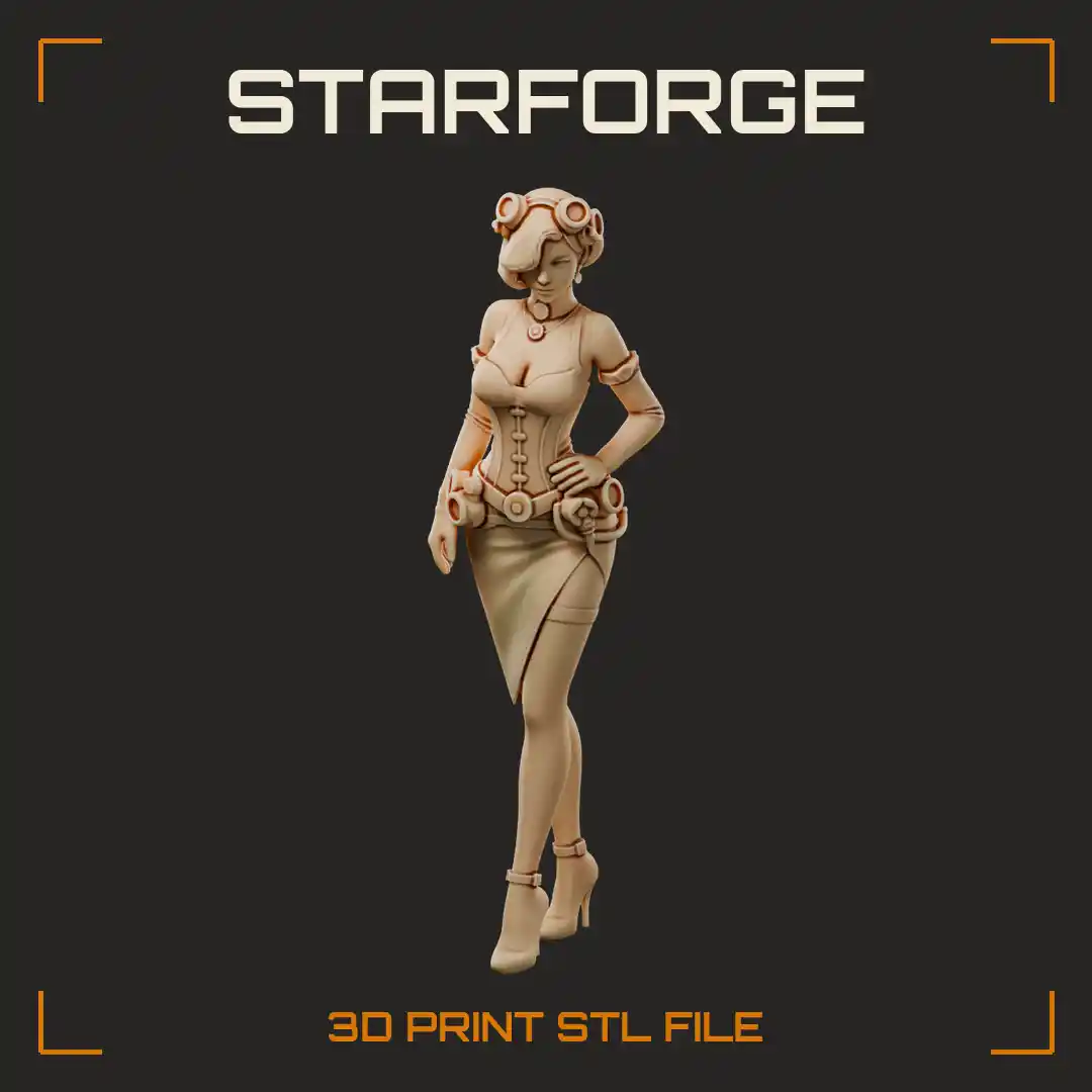 Curvy Aristocrat Lady with Goggles Corset Pencil Skirt Gear Belt and High Heels - 3D Printable STL File