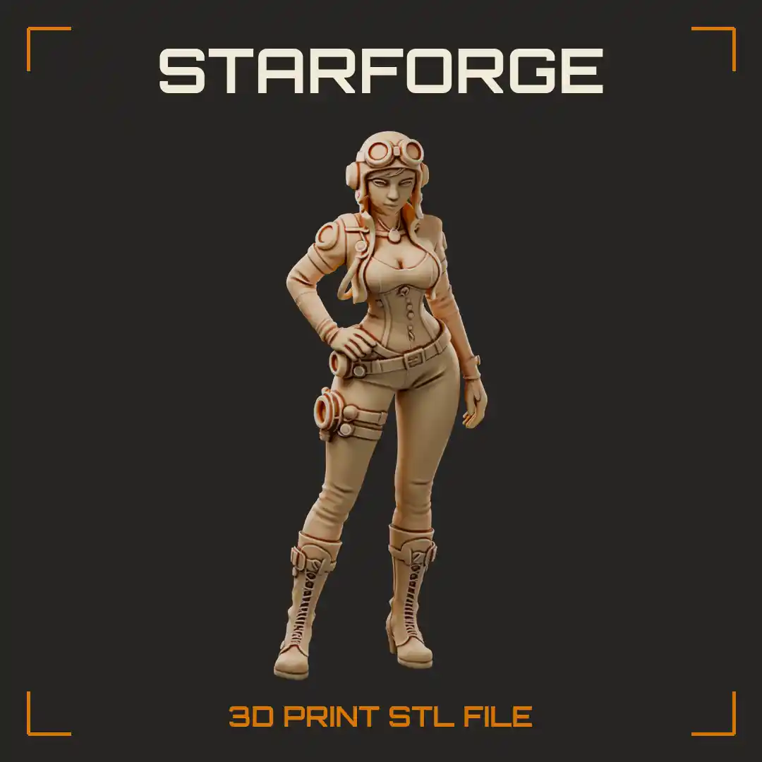 Curvy Aviator Girl with Goggled Flight Helmet Corset Jumpsuit and Lace-Up Boots - 3D Printable STL File