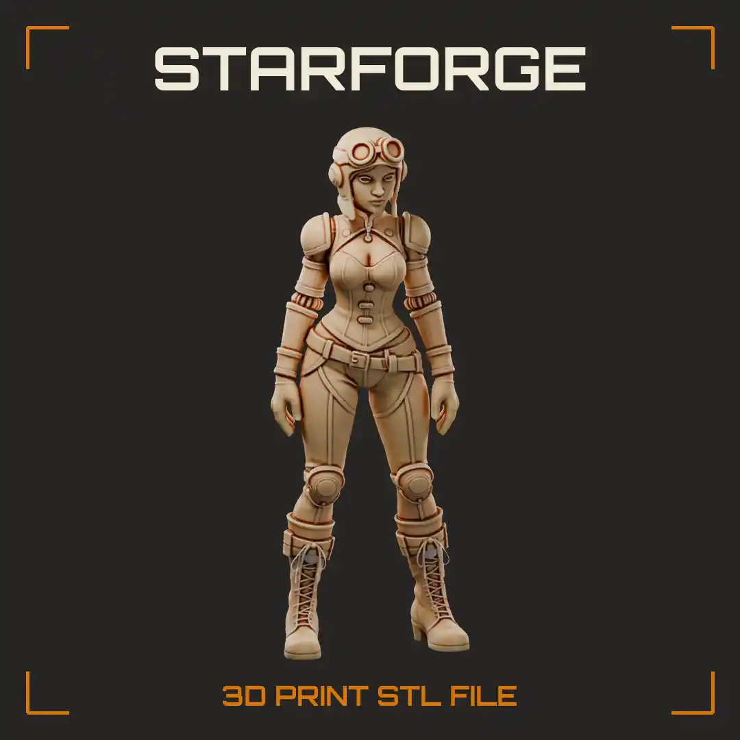 Curvy Aviator Pilot Girl with Brass Goggles Riveted Flight Suit and Laced Combat Boots - 3D Printable STL File