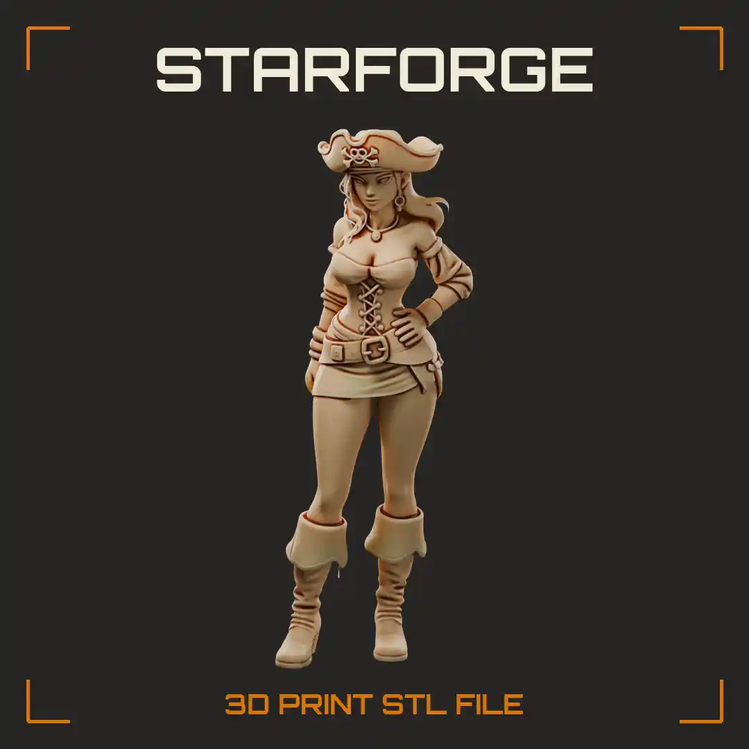 Curvy Corsair Woman in Tricorn Hat Laced Corset and Cuffed Heeled Boots Hand on Hip - 3D Printable STL File