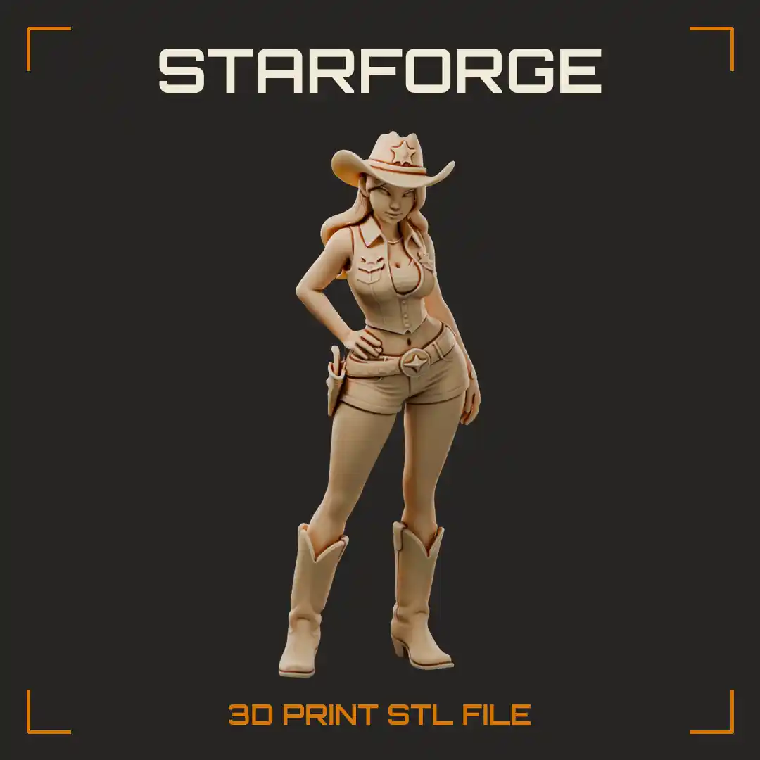 Curvy Cowgirl Sheriff with Wide Brim Hat Denim Shorts Holstered Revolver and Tall Boots - 3D Printable STL File