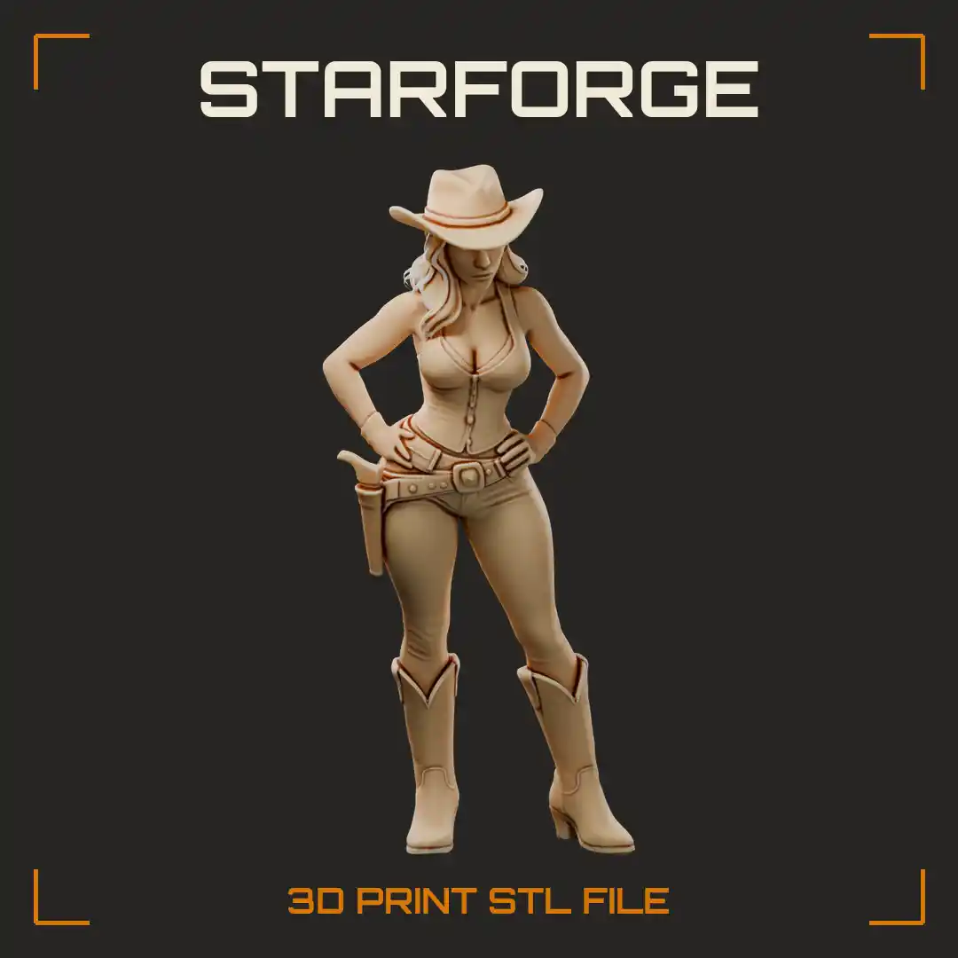 Curvy Cowgirl Train Robber with Wide-Brim Hat Holstered Revolver and Tall Heeled Boots - 3D Printable STL File