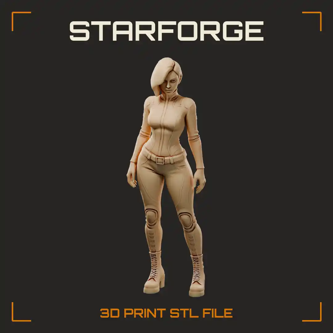 Curvy Cyberpunk Mercenary Woman in Paneled Bodysuit with Knee Pads and Combat Boots - 3D Printable STL File