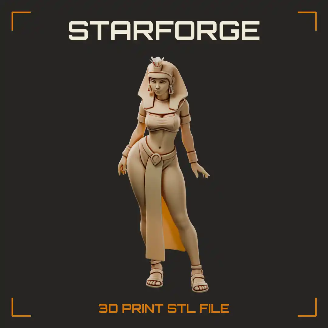 Curvy Egyptian Queen in Nemes Headdress with Cobra Crown Long Loincloth Skirt and Sandals - 3D Printable STL File