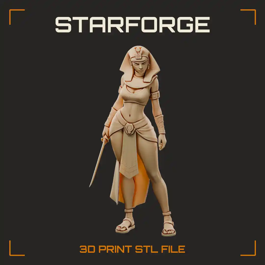 Curvy Egyptian Royal Assassin in Nemes Headdress with Curved Khopesh Blade and Sandals - 3D Printable STL File