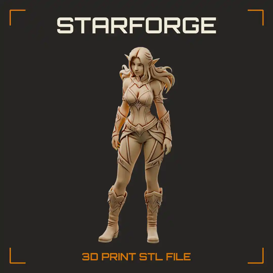 Curvy Elven Forest Guardian with Flowing Windswept Hair Strappy Leather Armor and Tall Boots - 3D Printable STL File