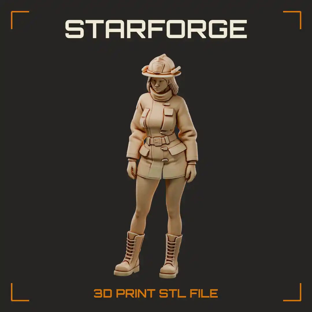 Curvy Firefighter Woman in Turnout Coat Brimmed Helmet and Laced Combat Boots - 3D Printable STL File