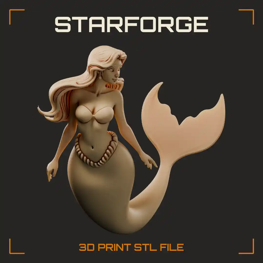 Curvy Hourglass Mermaid with Flowing Wavy Hair Beaded Belt and Curled Tail Fin - 3D Printable STL File