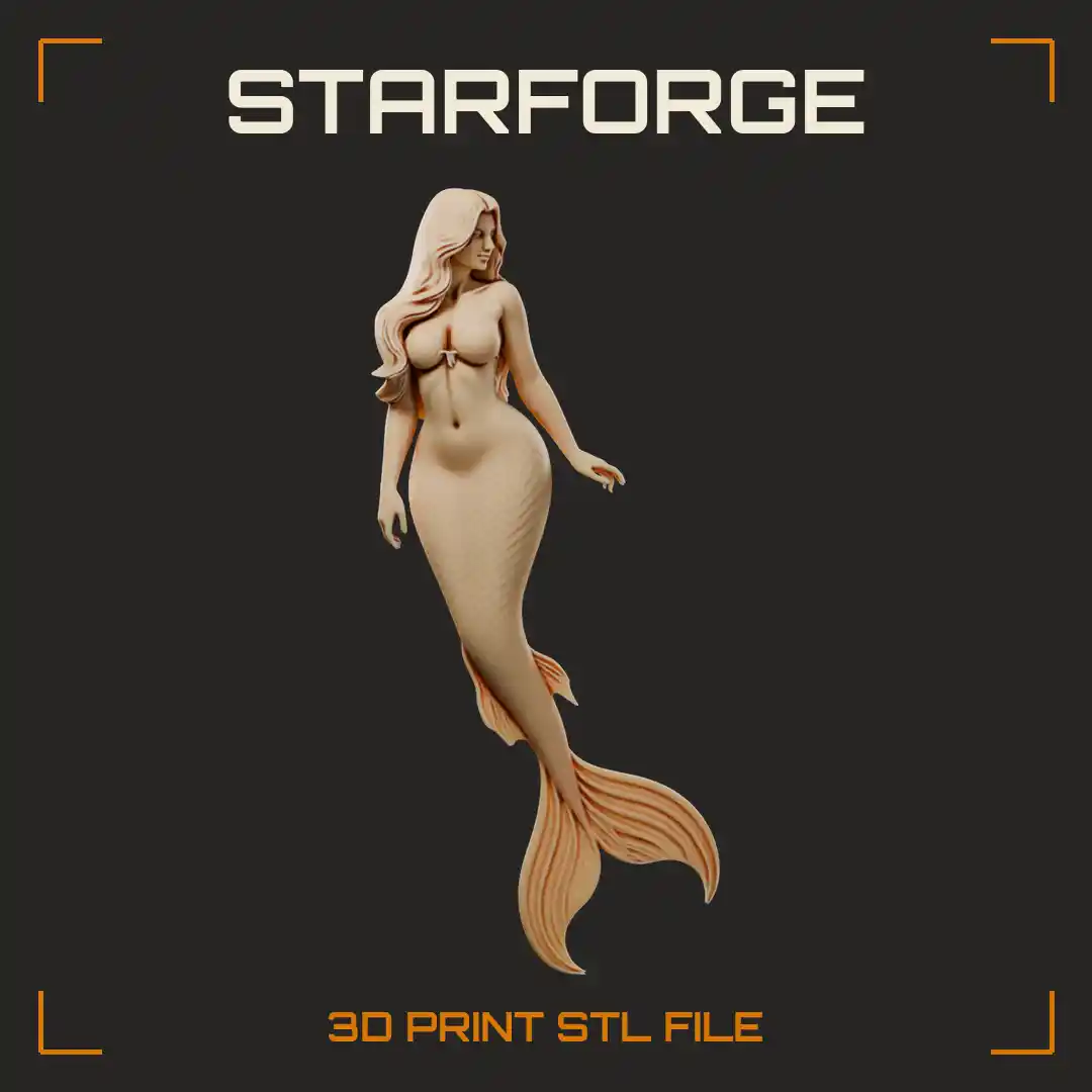 Curvy Hourglass Mermaid with Long Wavy Hair and Scaled Fanned Tail - 3D Printable STL File
