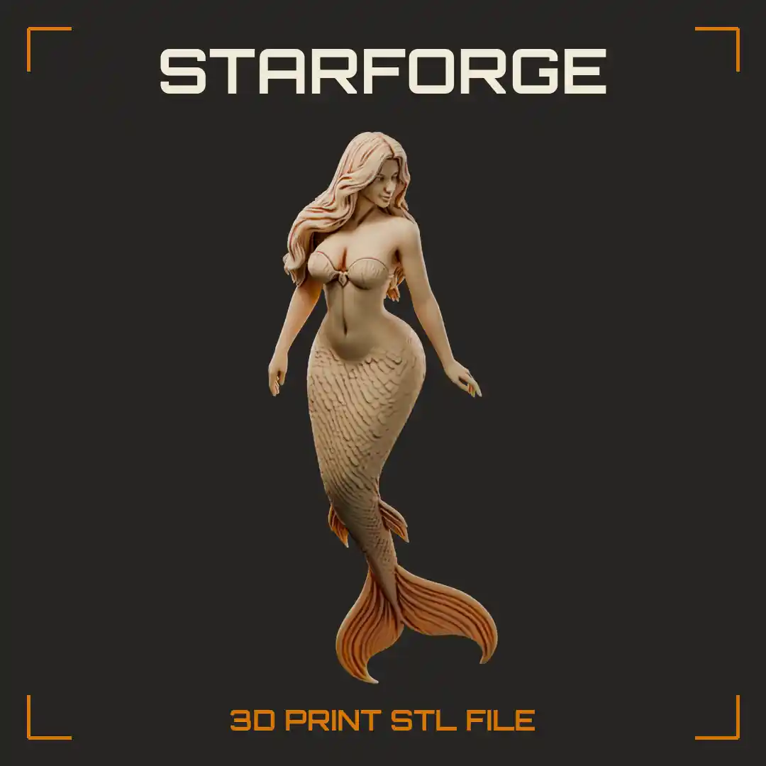 Curvy Hourglass Mermaid with Long Wavy Hair Scaled Tail and Flowing Fins - 3D Printable STL File