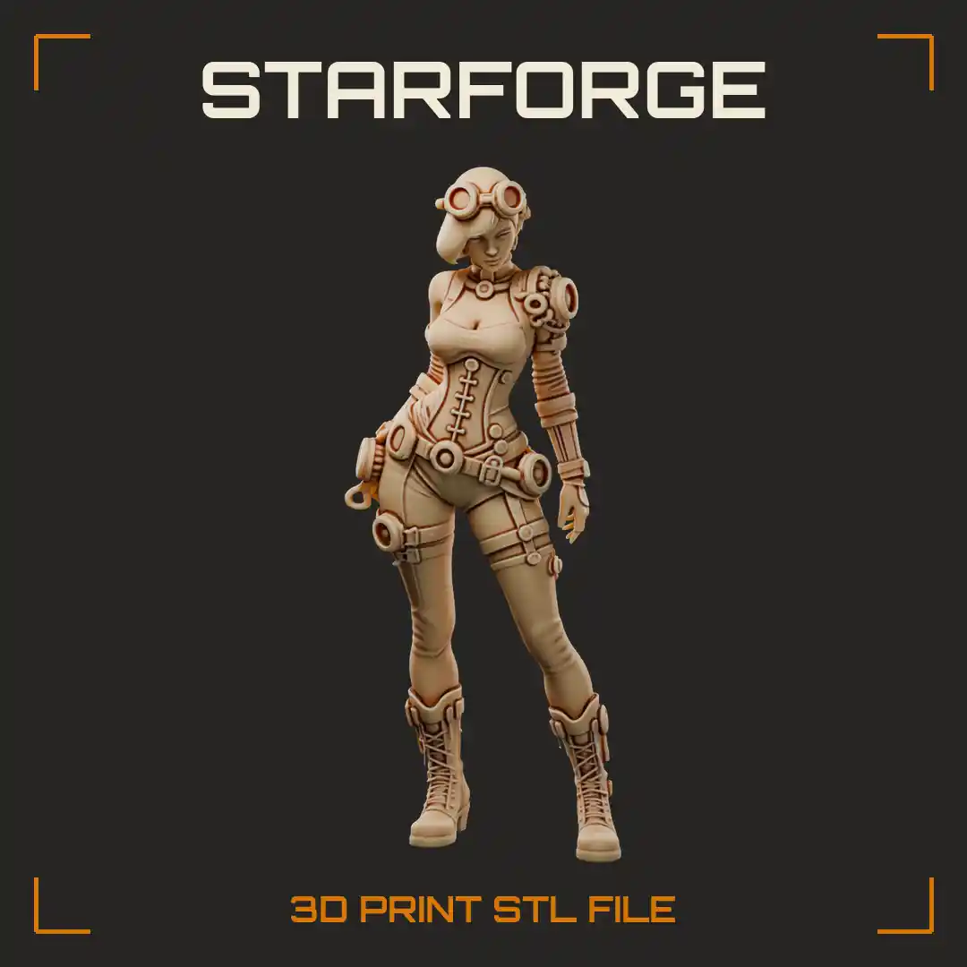 Curvy Mechanic Girl with Gas Mask Goggles Gear Corset and Laced Combat Boots - 3D Printable STL File