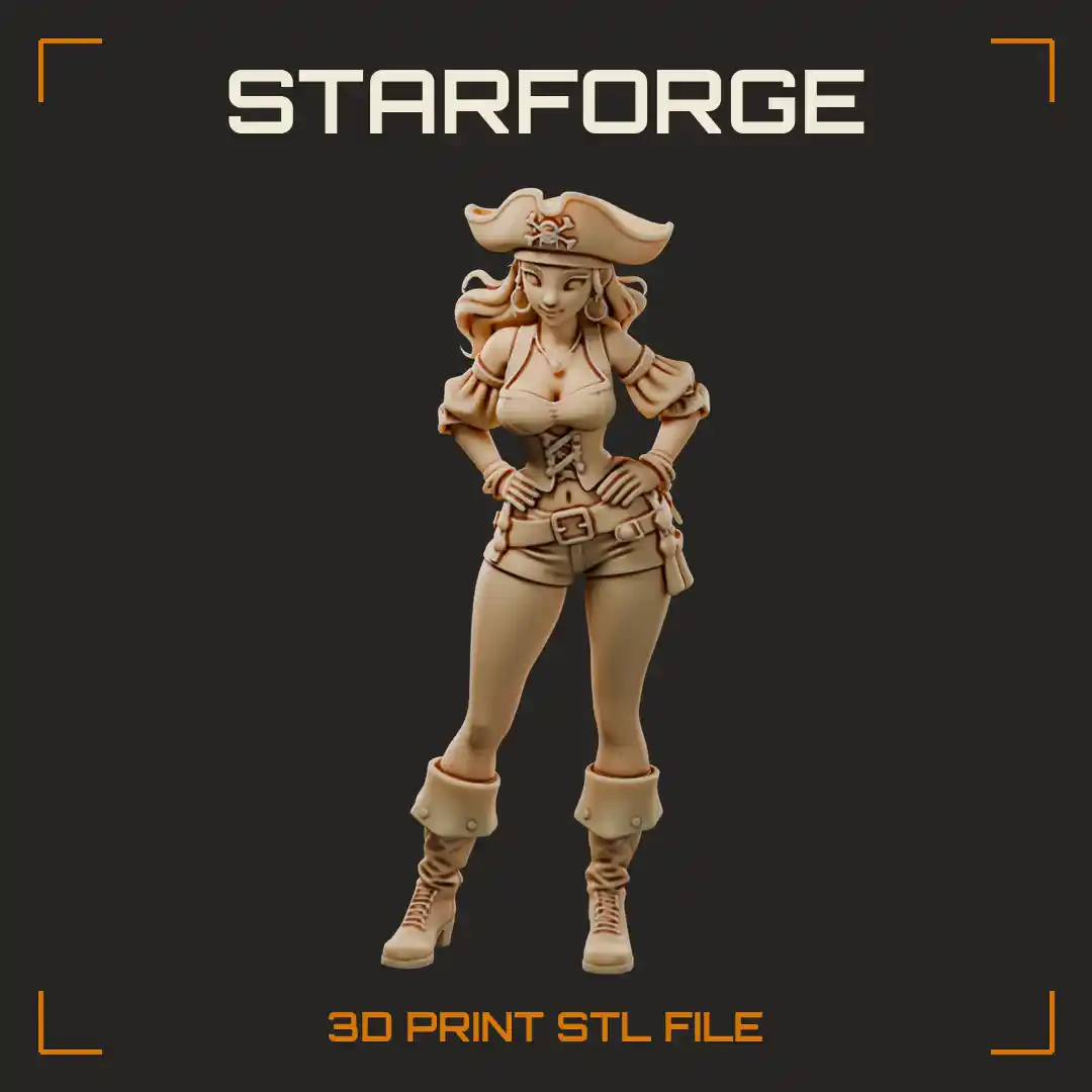 Curvy Pirate Boarding Party Woman in Tricorn Hat Corset and Cuffed Boots Hands on Hips - 3D Printable STL File