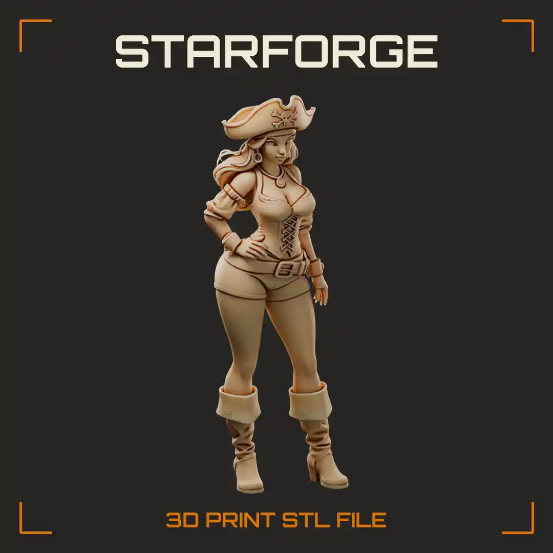 Curvy Pirate Harbor Mistress in Tricorn Hat Laced Corset and Cuffed Boots - 3D Printable STL File
