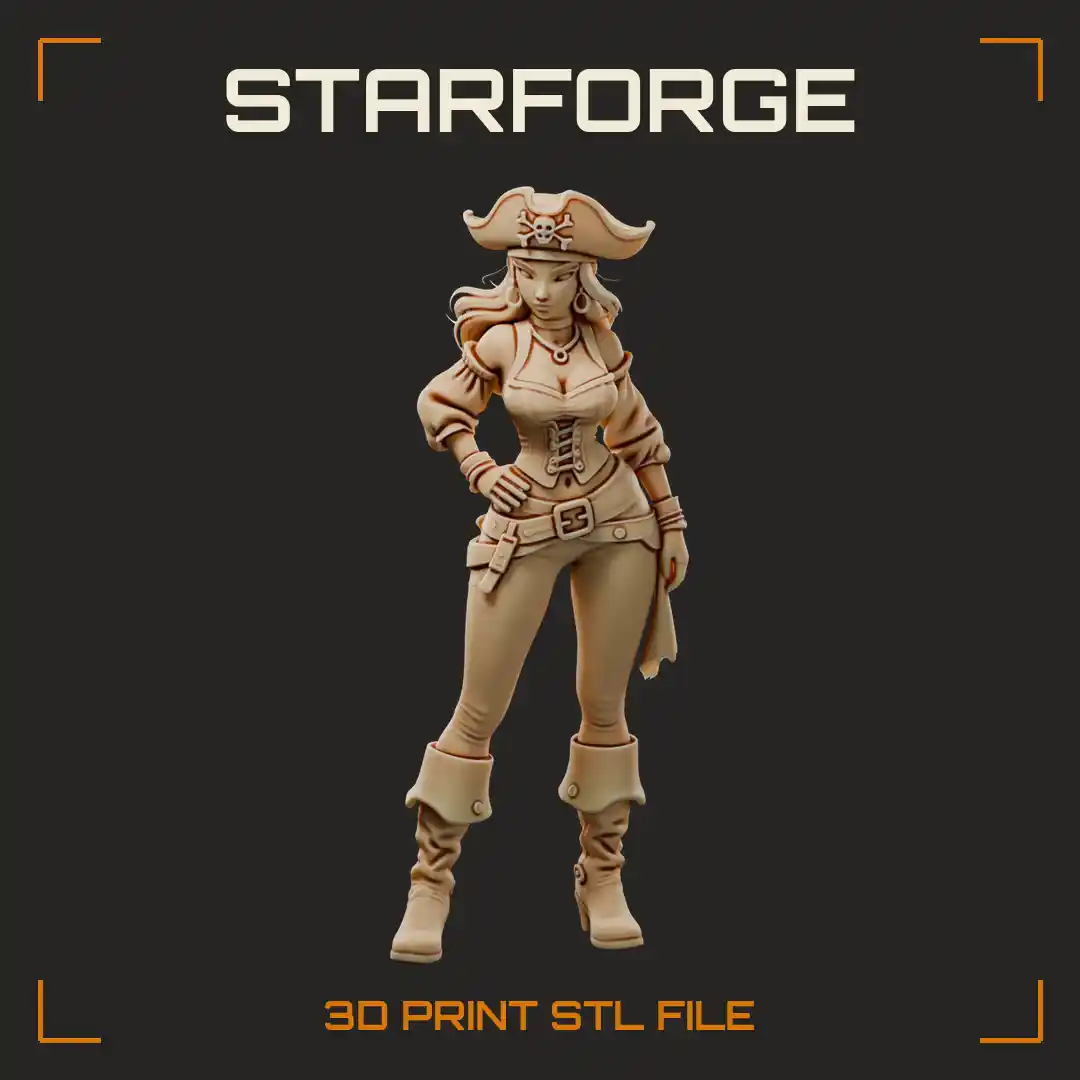 Curvy Pirate Marauder Woman in Tricorn Hat Laced Corset and Cuffed Boots - 3D Printable STL File