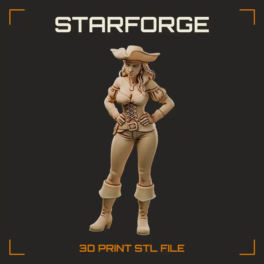 Curvy Pirate Mutineer Woman in Tricorn Hat Corset and Cuffed Boots Hands on Hips - 3D Printable STL File